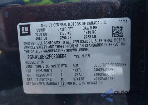 2015 Chevrolet Equinox 1Lt z USA, uszkodzony, nr VIN 2GNALBEK2F6208664